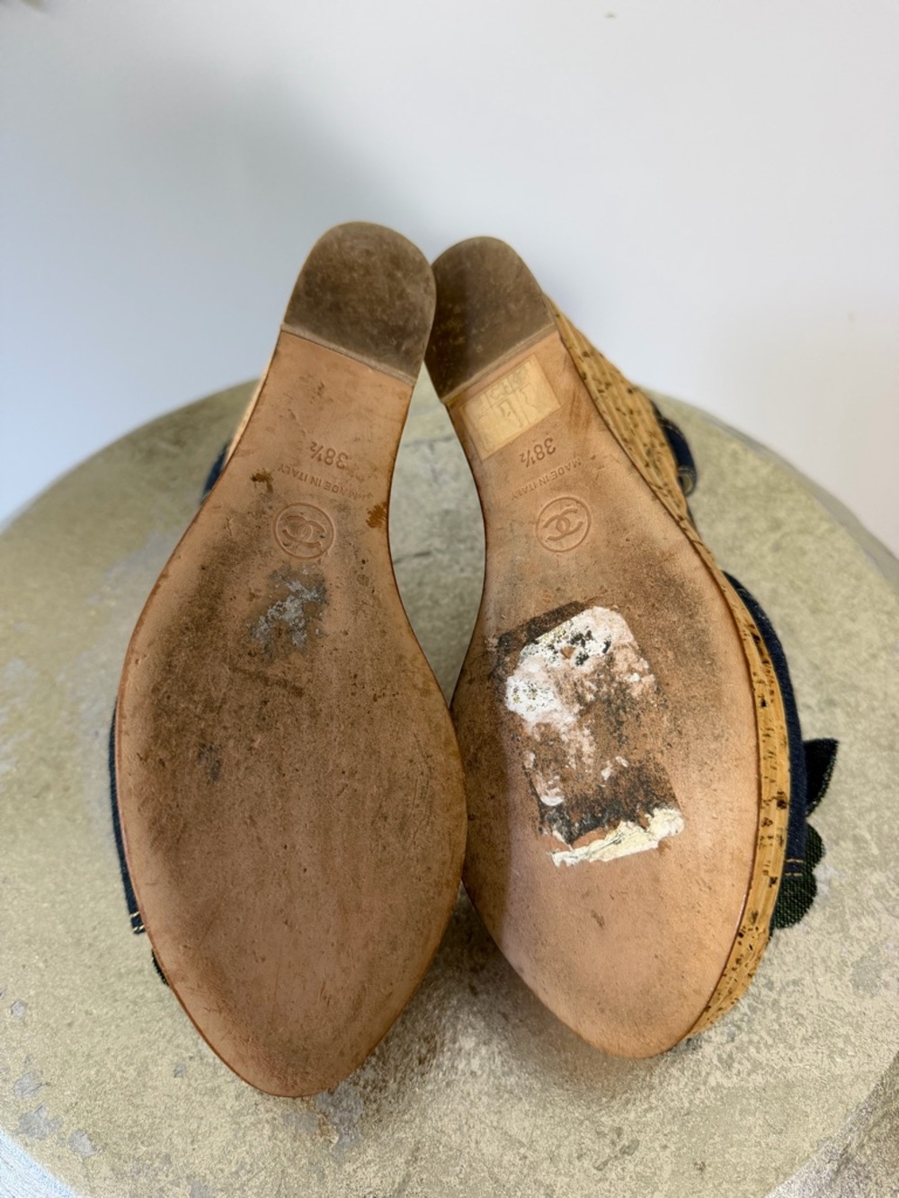 CHANEL - Blue Denim Camellia Cork Platform Slingback Wedges - Picture 8 of 11